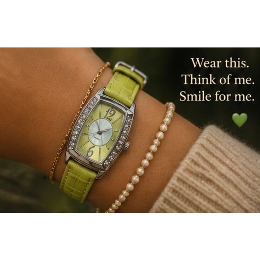 Avocado Green Mother of Pearl Watch Rhinestone Case NWT Chic